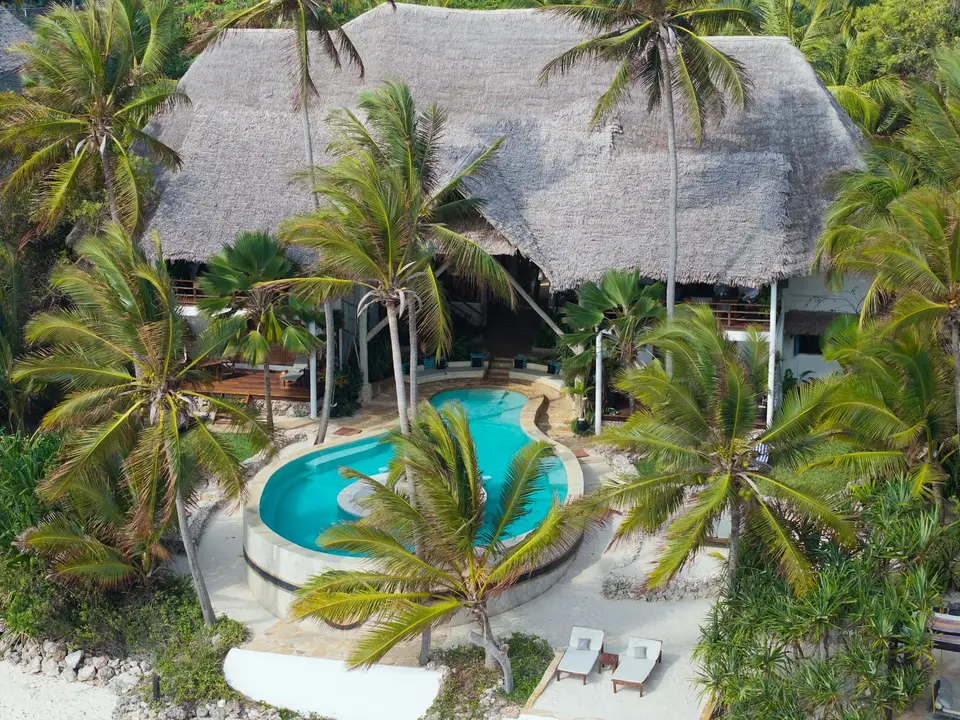 Asili House – Drone View of Pool & Lounge Garden