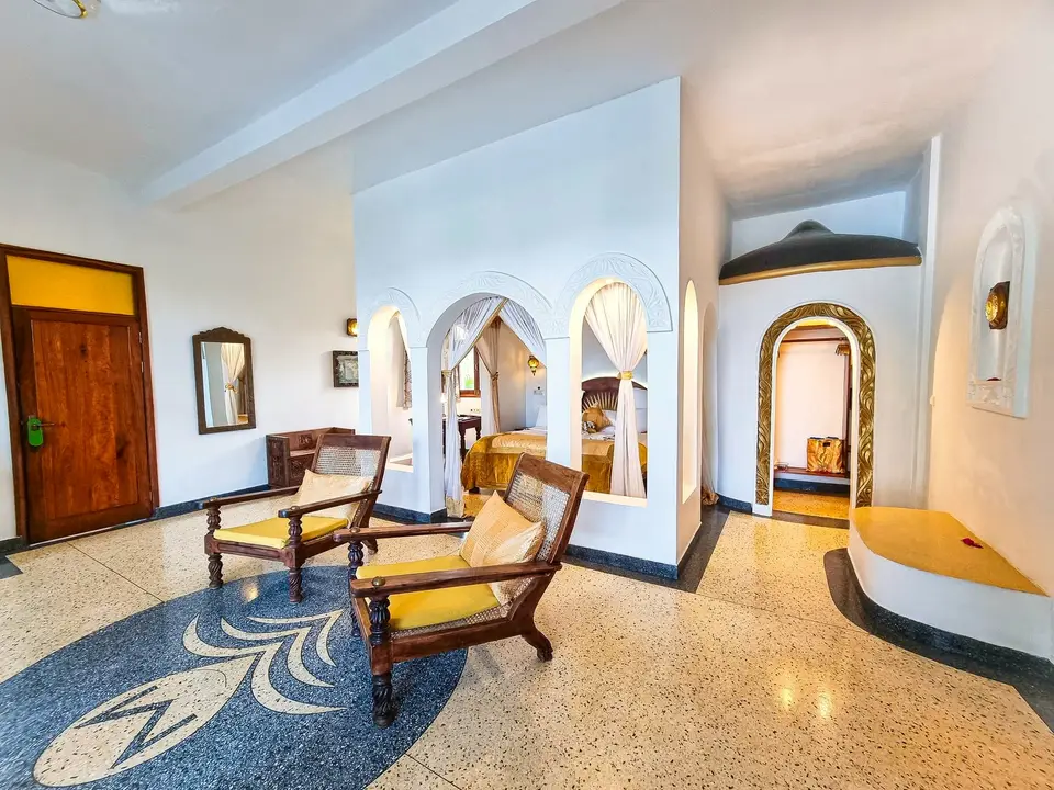 Full-room view of Room Jua at Villa Kidosho, Boutique Hotel Matlai Zanzibar, showing spacious sleeping area and luxury design.