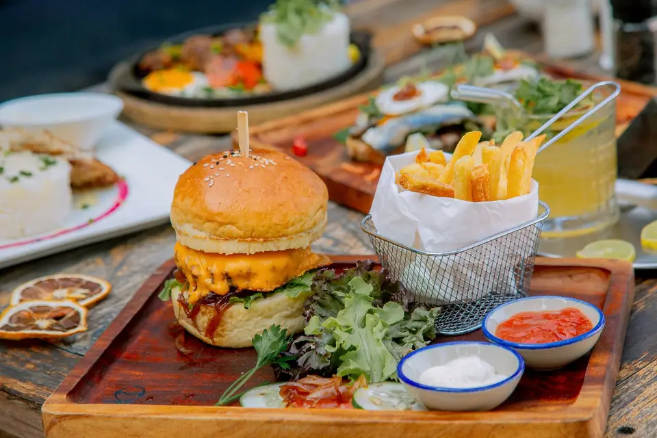 Delicious beef burger at Zatiny Restaurant, Boutique Hotel Matlai Zanzibar, homemade and freshly prepared.