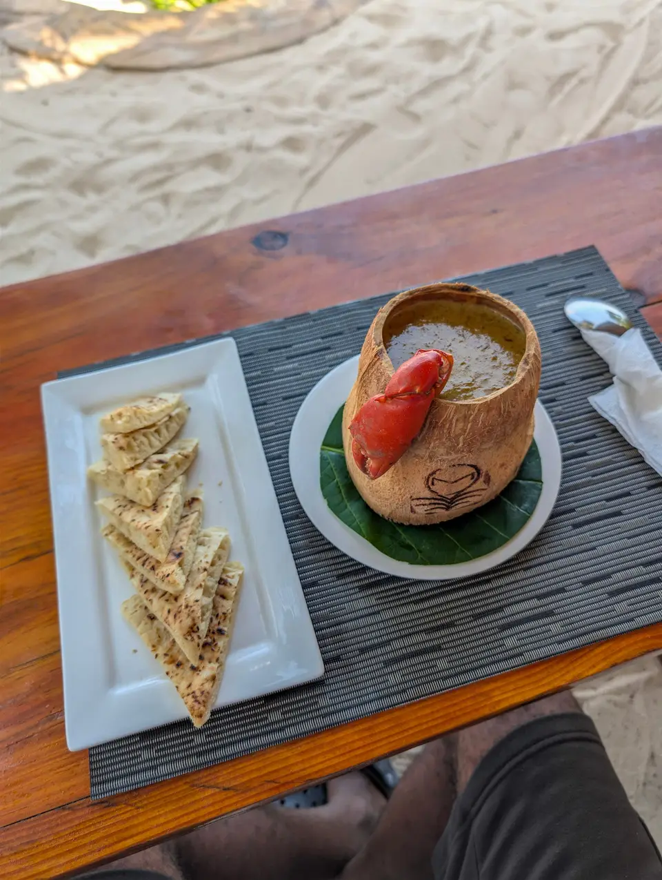 Coconut Crab Soup served with Zanzibari sesame bread at Zatiny Restaurant, Boutique Hotel Matlai Zanzibar.