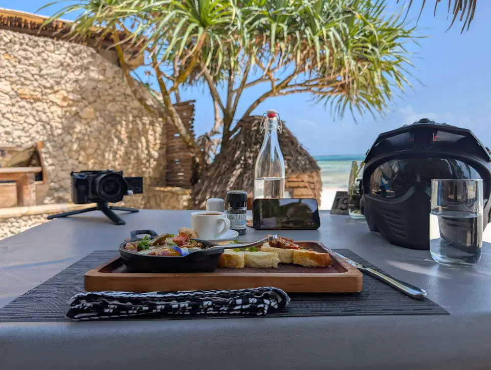Shakshuka breakfast served at Zatiny Restaurant, Boutique Hotel Matlai Zanzibar with ocean view.